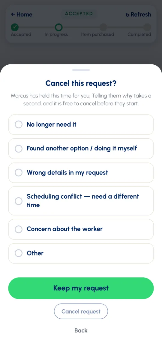 Cancel this request? with six reasons, Keep my request and Cancel request