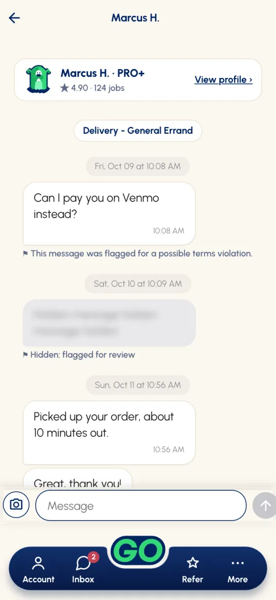Request chat with Marcus H.: a message asking to pay on Venmo is marked as flagged for a possible terms violation, and a hidden message is marked flagged for review