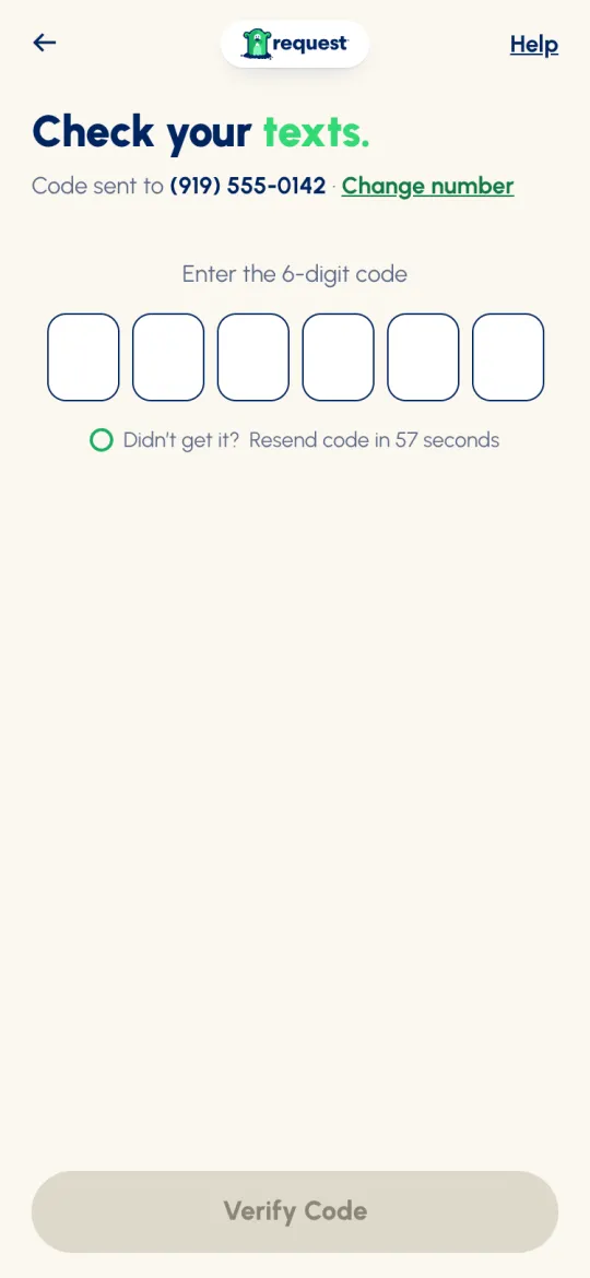 Check your texts screen with six boxes for the code, a resend countdown and the Verify Code button
