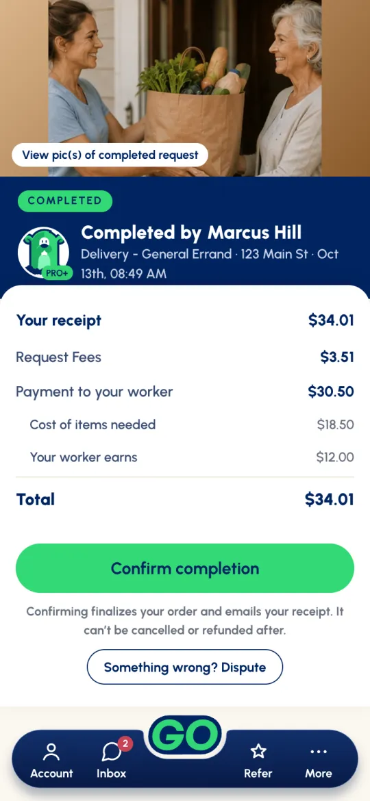 Completed by Marcus Hill: completion photo, your receipt $34.01, Confirm completion and Something wrong? Dispute