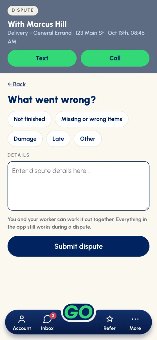 Dispute with Marcus Hill: What went wrong? reason chips, a Details box and Submit dispute