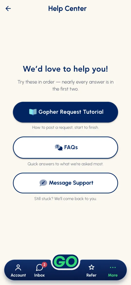 Help Center: Gopher Request Tutorial, FAQs and Message Support