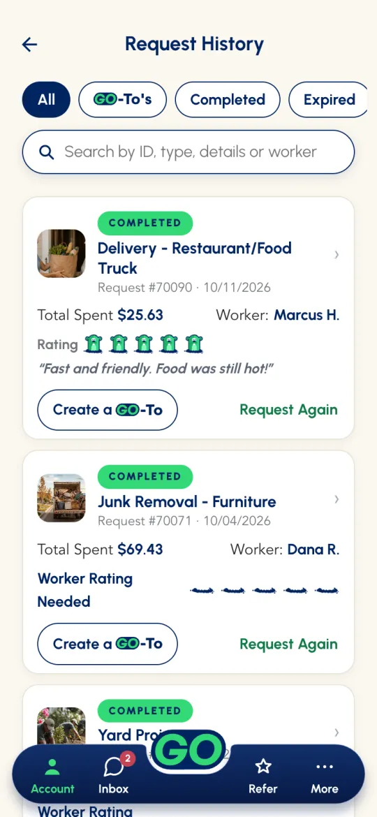 Request History with All, GO-To's, Completed and Expired pills, a search bar, and completed request cards showing Total Spent, worker, rating, Create a GO-To and Request Again