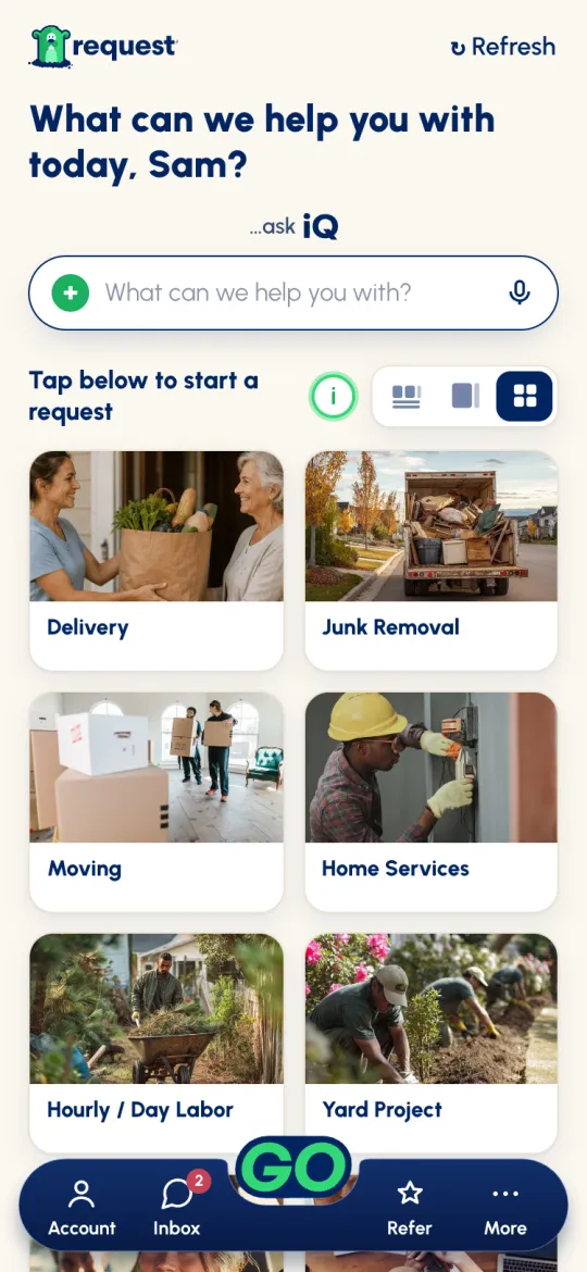 Home in the Two columns view showing Delivery, Junk Removal, Moving, Home Services, Hourly / Day Labor and Yard Project tiles