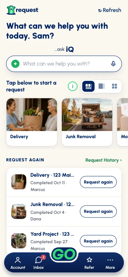 Home in the Row with Request again view: a row of services, then Request again with three completed requests and a Request History link