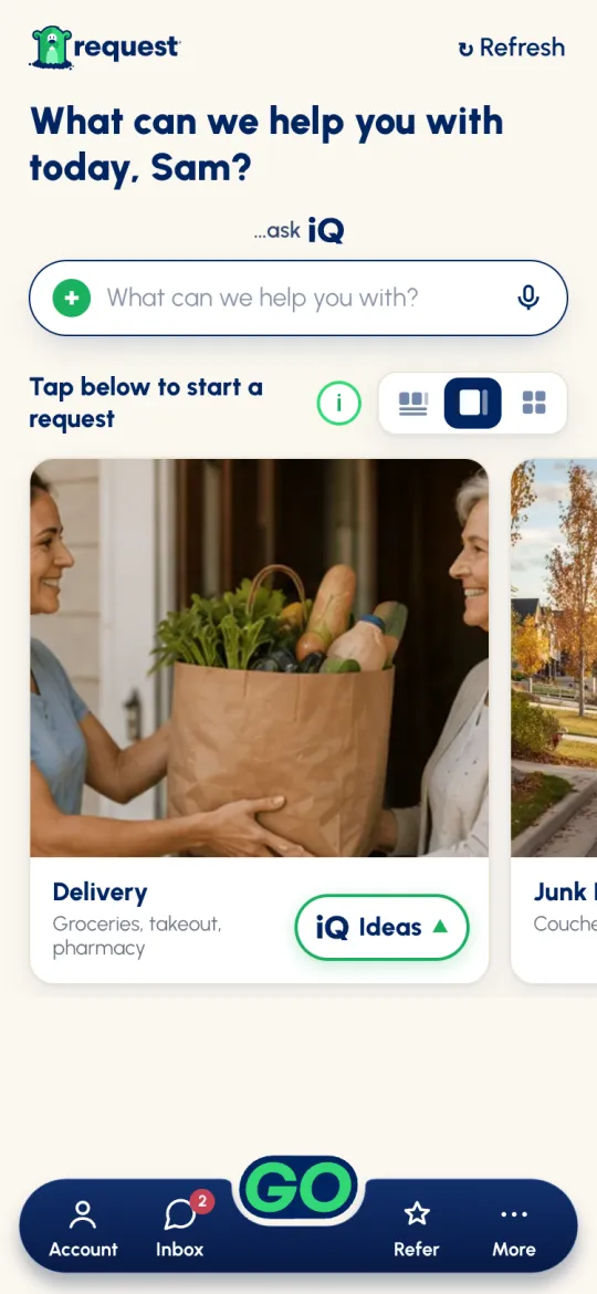 Gopher Request Home: greeting, the ask iQ search bar, Start a request with Big cards view, and the floating footer with Account, Inbox, GO, Refer and More