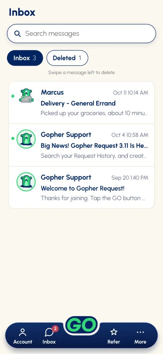 Inbox with a request chat from Marcus and Gopher Support messages, Inbox and Deleted tabs and a search bar
