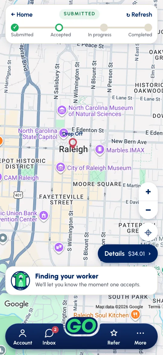 Live request map while waiting: Submitted step, Finding your worker, and the Details pill
