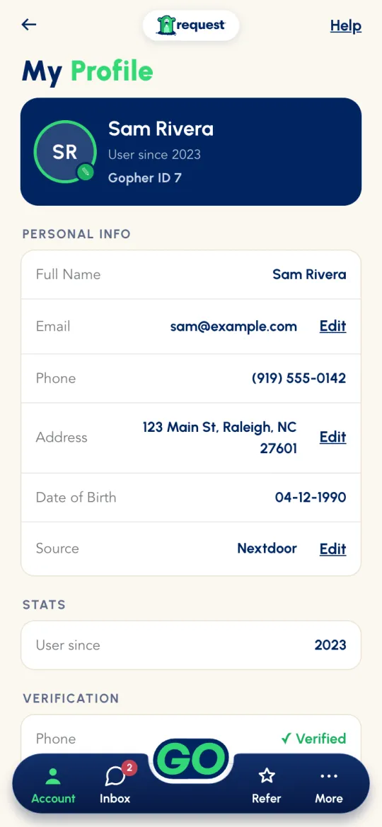 My Profile with Gopher ID, Personal Info fields with Edit links, Stats and Verification