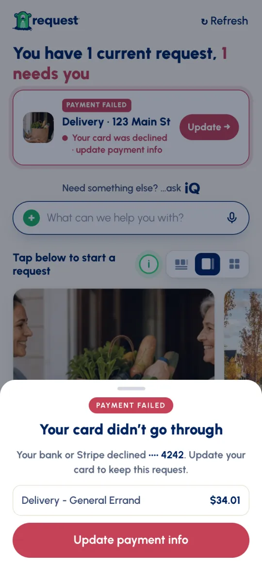 Payment failed: Your card didn't go through, with Update payment info