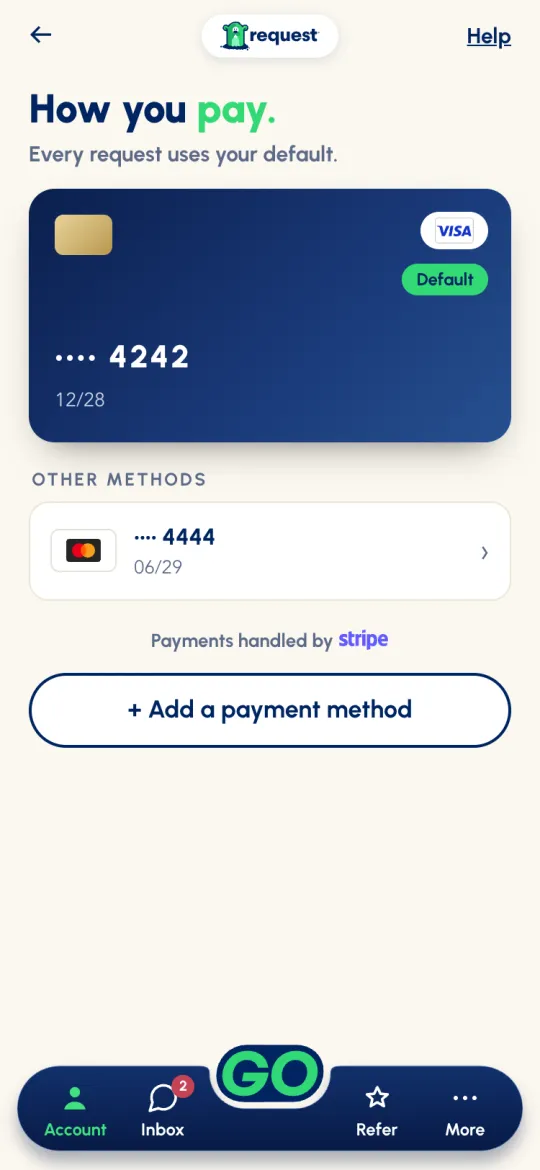Payment Account: How you pay, with the default card, other methods and + Add a payment method