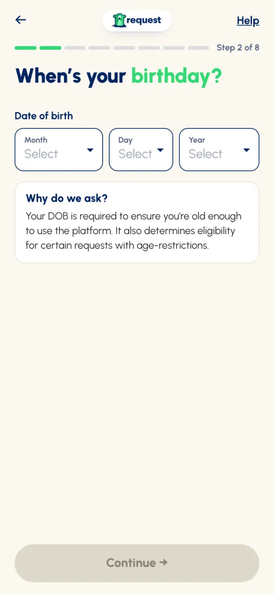 Sign-up Step 2 of 8: When's your birthday? with Month, Day and Year boxes