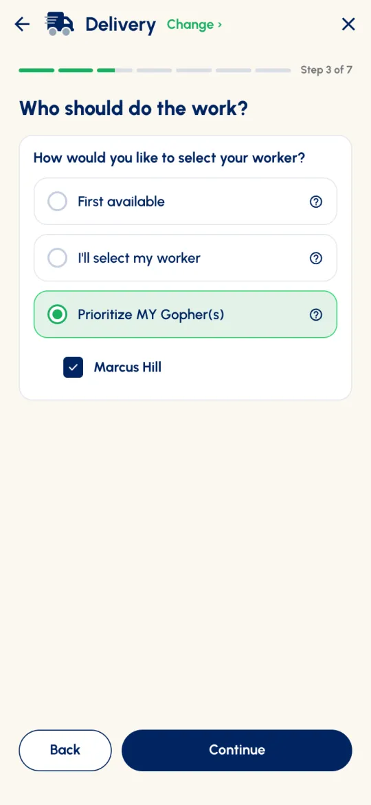 Step 3 of 7: Who should do the work? with Prioritize MY Gopher(s) selected and Marcus Hill ticked