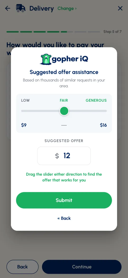 Gopher iQ Suggested offer assistance with a Low, Fair, Generous slider and a suggested offer of $12