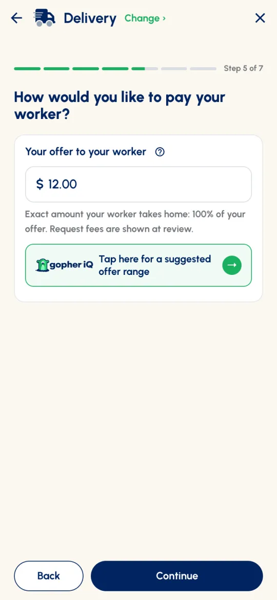 Step 5 of 7: Your offer to your worker $12.00, the 100% note, and the Gopher iQ suggested offer range button