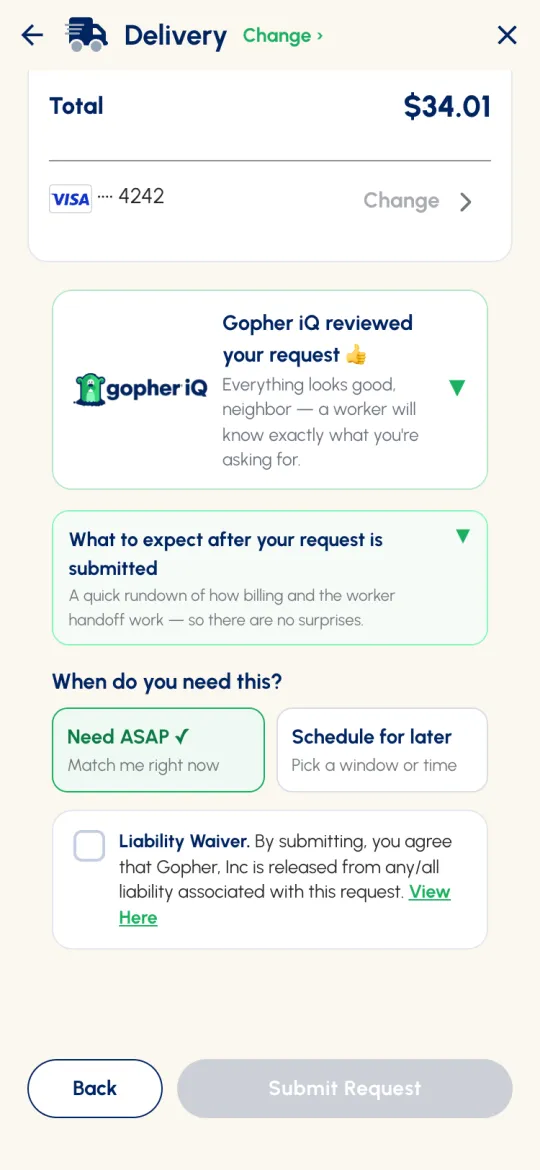 Bottom of the review: Gopher iQ reviewed your request, What to expect, When do you need this? with Need ASAP and Schedule for later, and the Liability Waiver