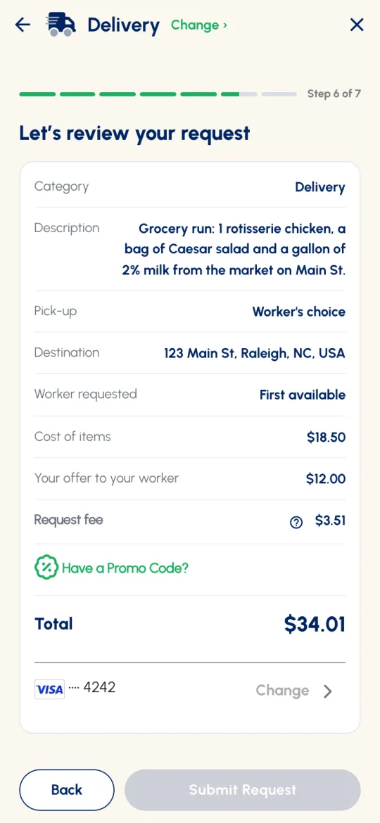 Step 6 of 7: Let's review your request, with Cost of items $18.50, Your offer to your worker $12.00, Request fee $3.51 and Total $34.01