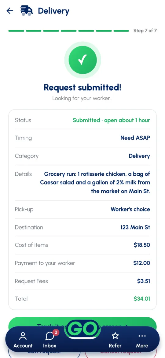 Step 7 of 7: Request submitted! Looking for your worker, with Status Submitted, open about 1 hour, and the request summary